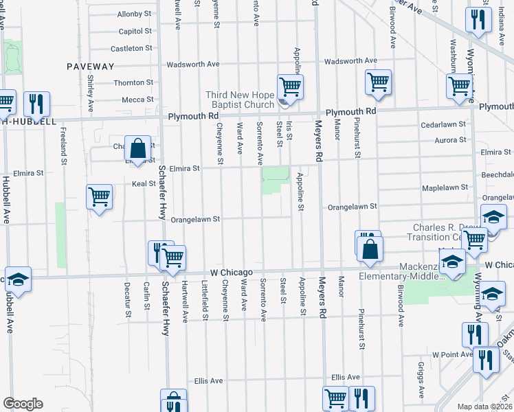 map of restaurants, bars, coffee shops, grocery stores, and more near 9935 Sorrento Avenue in Detroit