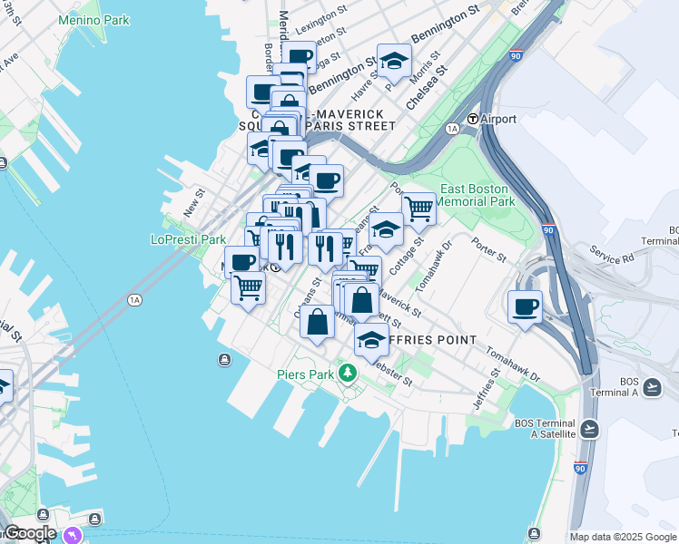 map of restaurants, bars, coffee shops, grocery stores, and more near 195 Maverick Street in Boston