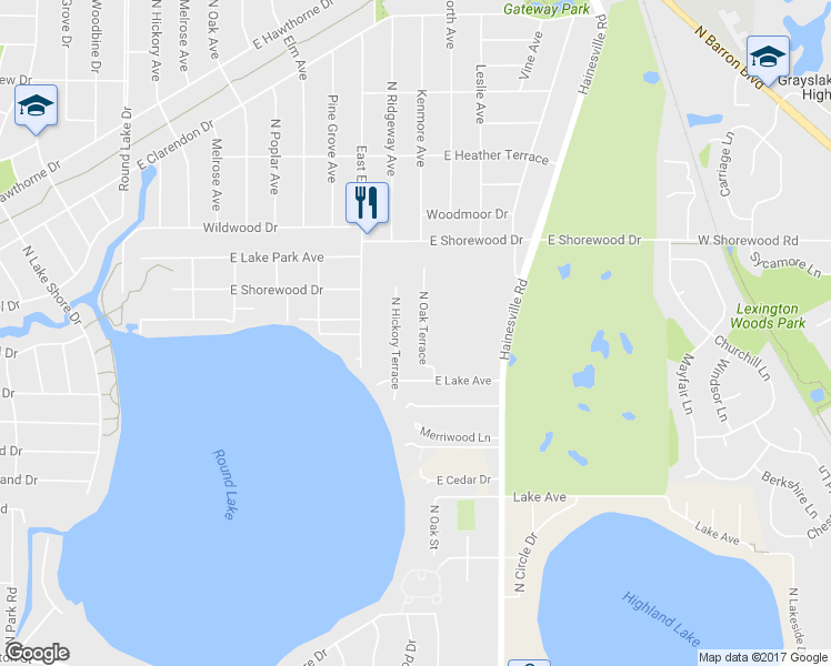 map of restaurants, bars, coffee shops, grocery stores, and more near 1115 North Oak Terrace in Round Lake Beach