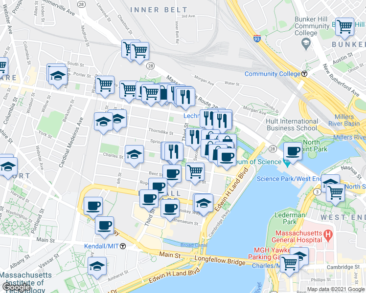 map of restaurants, bars, coffee shops, grocery stores, and more near 3rd St & Spring St in Cambridge