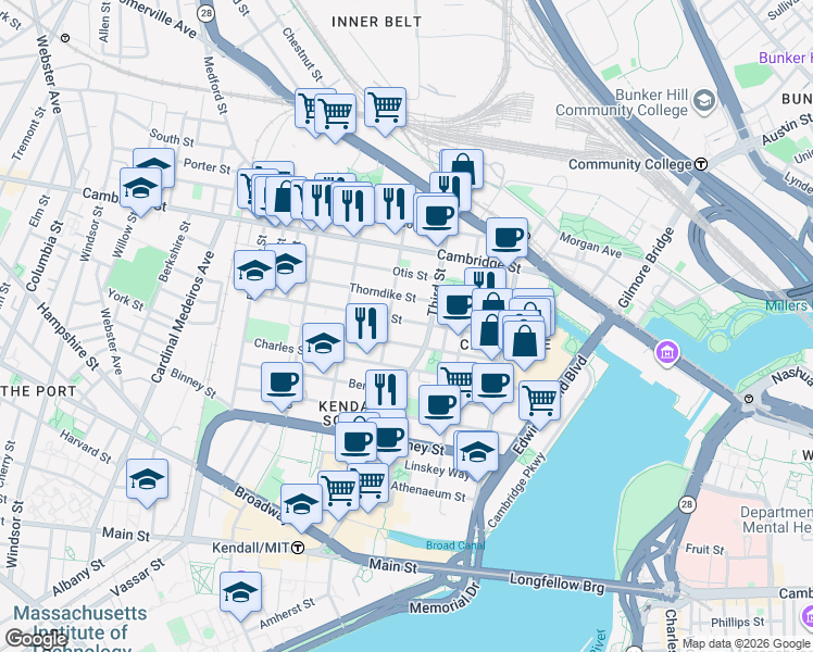 map of restaurants, bars, coffee shops, grocery stores, and more near 100 Sciarappa Street in Cambridge