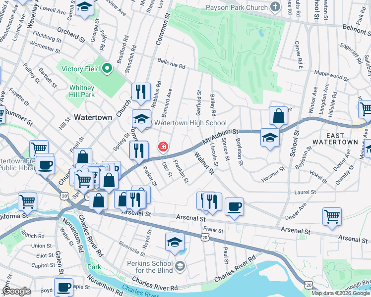 map of restaurants, bars, coffee shops, grocery stores, and more near 226 Mount Auburn Street in Watertown