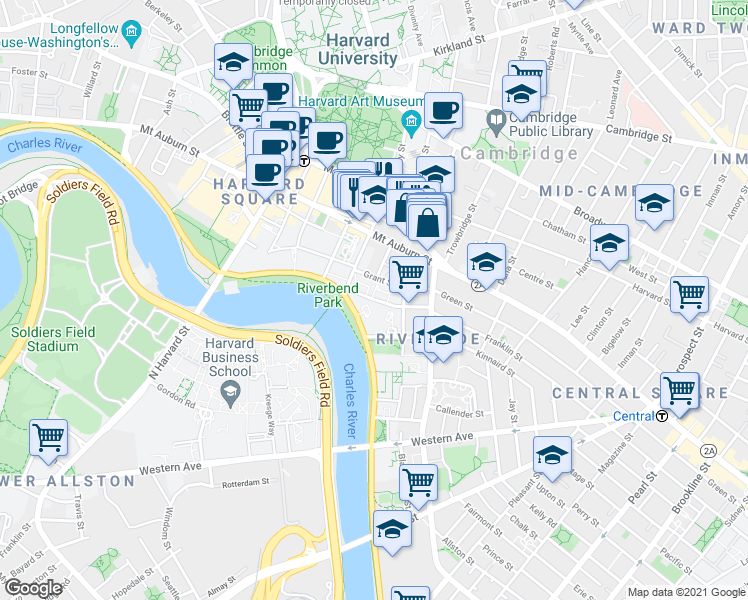 map of restaurants, bars, coffee shops, grocery stores, and more near Cowperthwaite Street in Cambridge