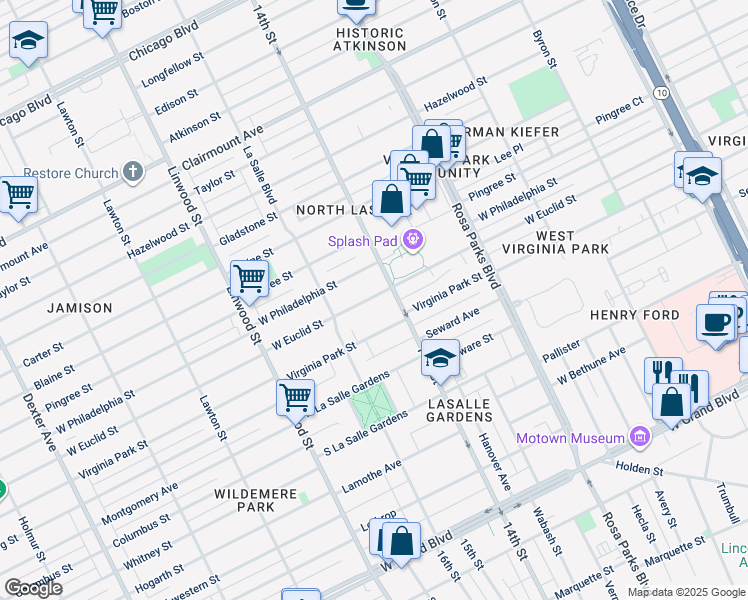 map of restaurants, bars, coffee shops, grocery stores, and more near 2247 West Euclid Street in Detroit