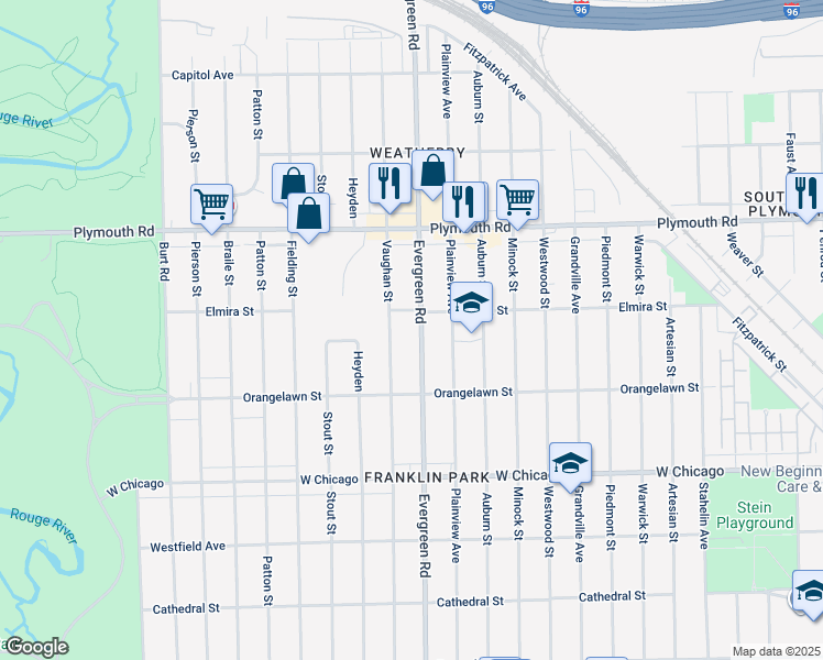 map of restaurants, bars, coffee shops, grocery stores, and more near 10017 Evergreen Road in Detroit