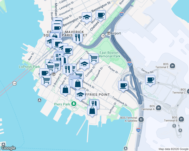 map of restaurants, bars, coffee shops, grocery stores, and more near 176 Gove Street in Boston