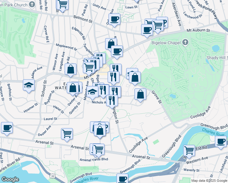 map of restaurants, bars, coffee shops, grocery stores, and more near 191 Arlington Street in Watertown