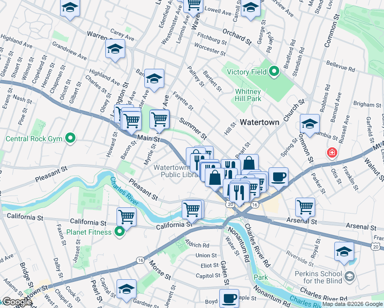 map of restaurants, bars, coffee shops, grocery stores, and more near 18 Whites Avenue in Watertown