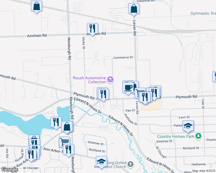 map of restaurants, bars, coffee shops, grocery stores, and more near 11789 Market Street in Livonia