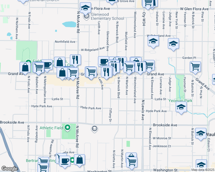 map of restaurants, bars, coffee shops, grocery stores, and more near 623 Tiffany Drive in Waukegan