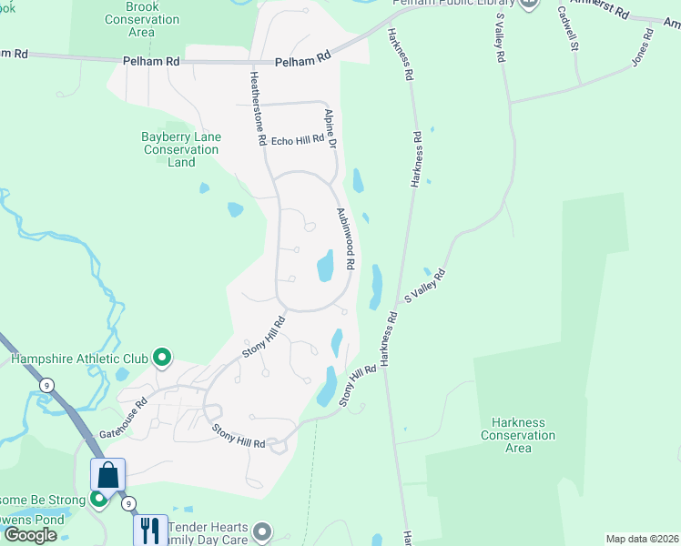 map of restaurants, bars, coffee shops, grocery stores, and more near 157 Aubinwood Road in Amherst