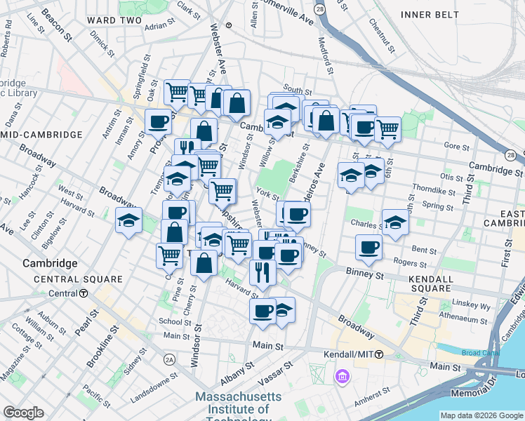 map of restaurants, bars, coffee shops, grocery stores, and more near 44 Plymouth Street in Cambridge