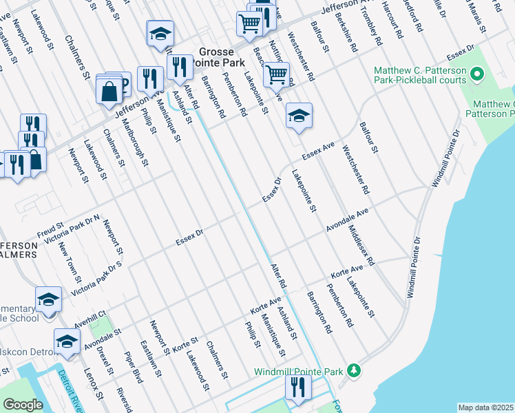 map of restaurants, bars, coffee shops, grocery stores, and more near 785 Essex Drive in Detroit