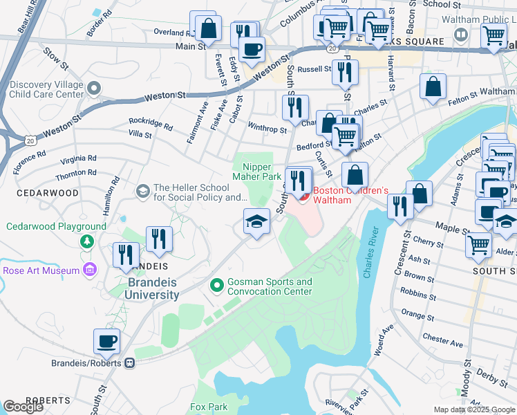 map of restaurants, bars, coffee shops, grocery stores, and more near 17 Shakespeare Road in Waltham