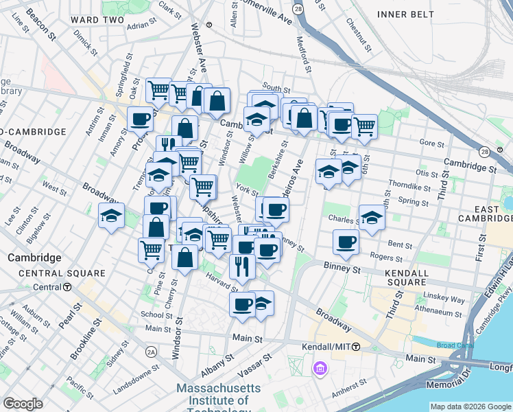 map of restaurants, bars, coffee shops, grocery stores, and more near 44 Plymouth Street in Cambridge