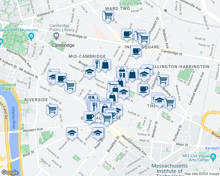 map of restaurants, bars, coffee shops, grocery stores, and more near 271 Harvard Street in Cambridge
