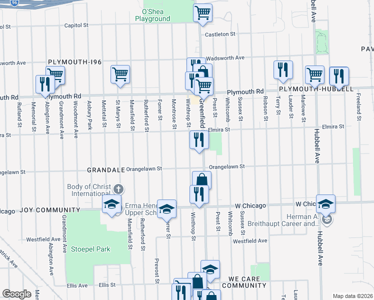 map of restaurants, bars, coffee shops, grocery stores, and more near 9979 Winthrop Street in Detroit
