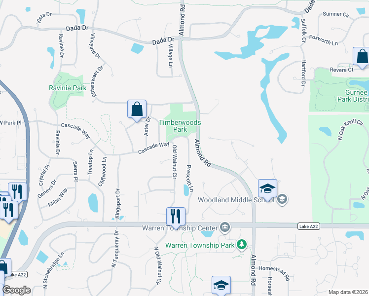 map of restaurants, bars, coffee shops, grocery stores, and more near 572 Prescott Ln in Gurnee