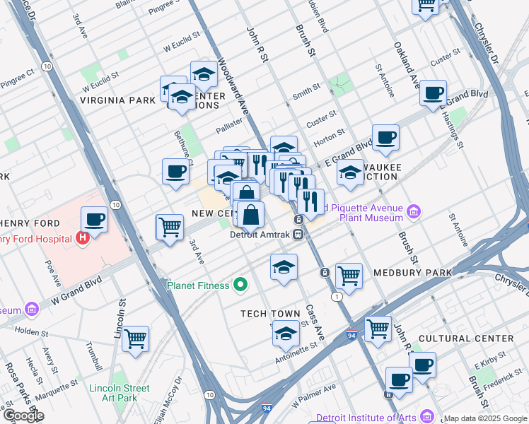 map of restaurants, bars, coffee shops, grocery stores, and more near 6531 Cass Avenue in Detroit