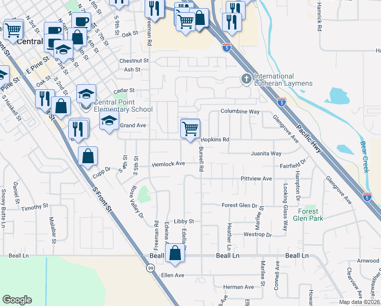 map of restaurants, bars, coffee shops, grocery stores, and more near 746 Hemlock Court in Central Point