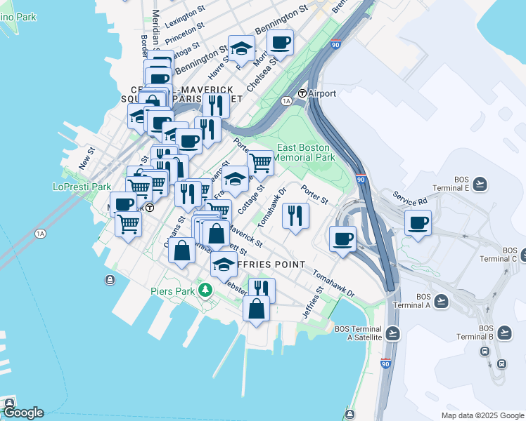 map of restaurants, bars, coffee shops, grocery stores, and more near 176 Gove Street in Boston