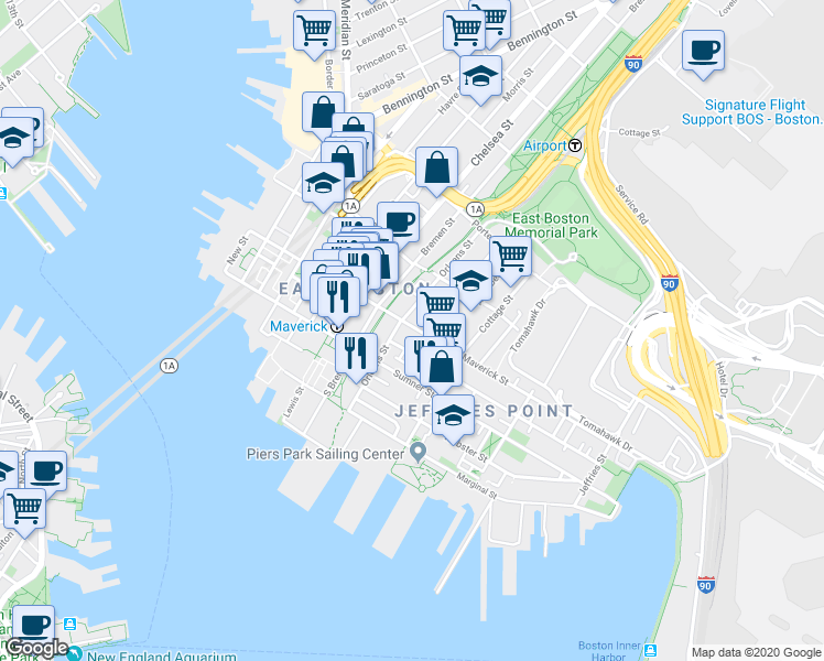 map of restaurants, bars, coffee shops, grocery stores, and more near 89 Orleans Street in Boston