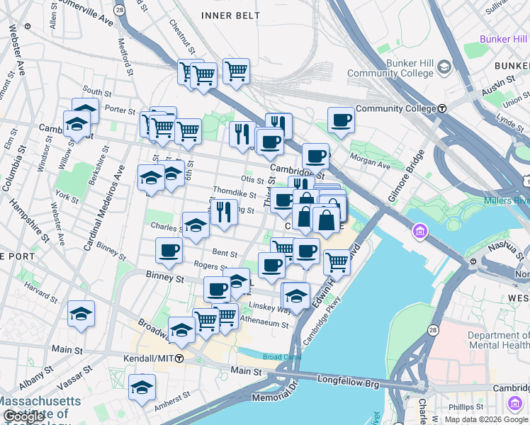 map of restaurants, bars, coffee shops, grocery stores, and more near 54 Spring Street in Cambridge