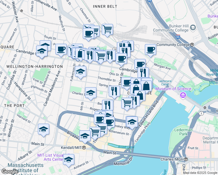 map of restaurants, bars, coffee shops, grocery stores, and more near 100 Sciarappa Street in Cambridge