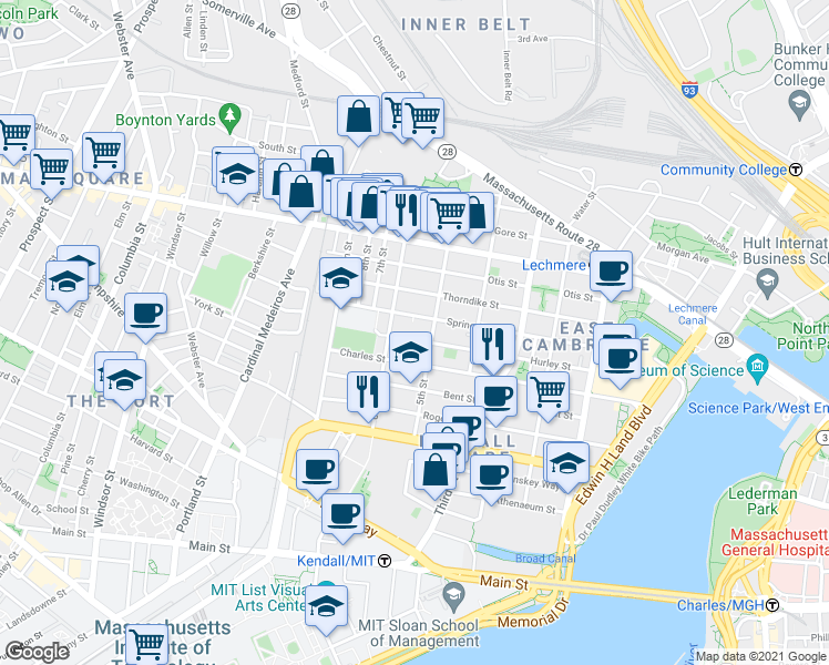 map of restaurants, bars, coffee shops, grocery stores, and more near 341 Hurley Street in Cambridge