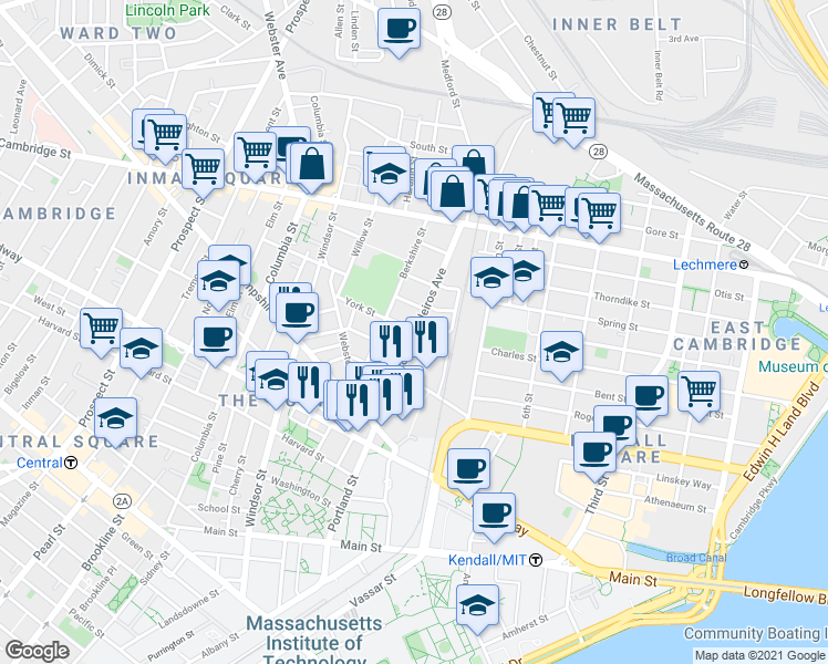 map of restaurants, bars, coffee shops, grocery stores, and more near 14 Vandine Street in Cambridge