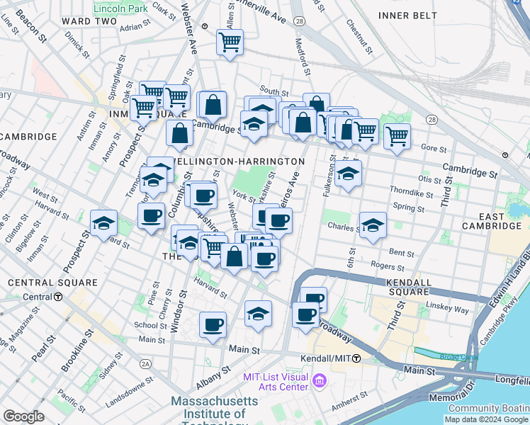 map of restaurants, bars, coffee shops, grocery stores, and more near 14 Vandine Street in Cambridge