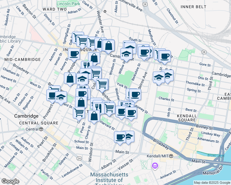 map of restaurants, bars, coffee shops, grocery stores, and more near in Cambridge