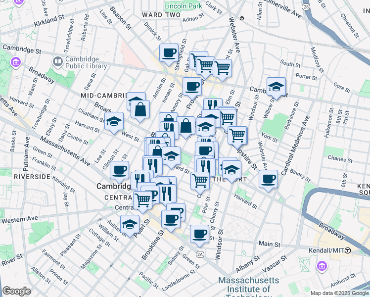 map of restaurants, bars, coffee shops, grocery stores, and more near 305 Broadway in Cambridge