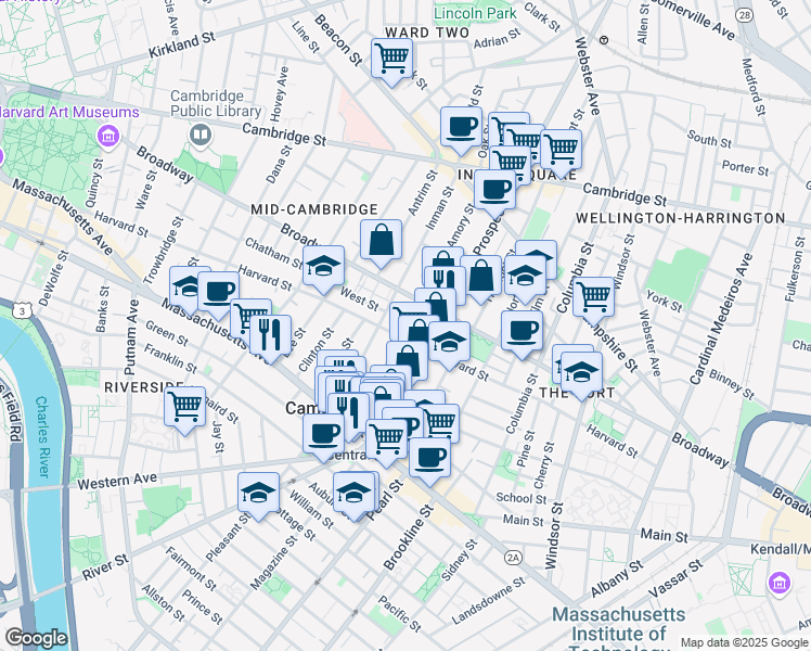 map of restaurants, bars, coffee shops, grocery stores, and more near 273 Harvard Street in Cambridge