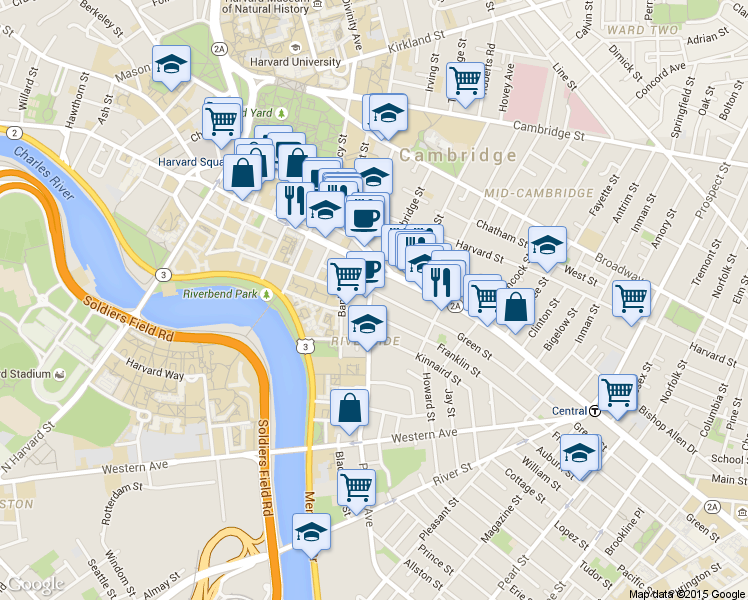 map of restaurants, bars, coffee shops, grocery stores, and more near 31 Putnam Avenue in Cambridge