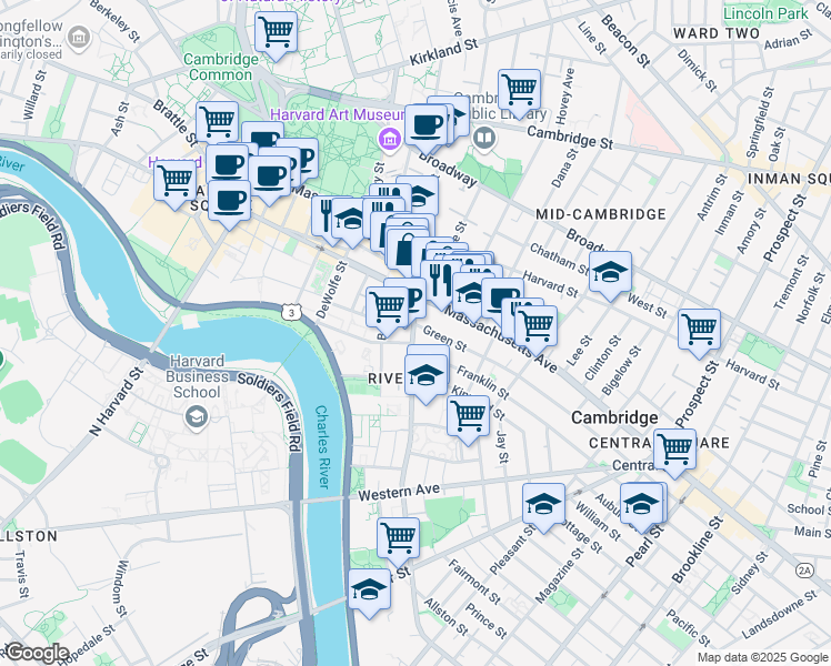 map of restaurants, bars, coffee shops, grocery stores, and more near 31 Putnam Avenue in Cambridge