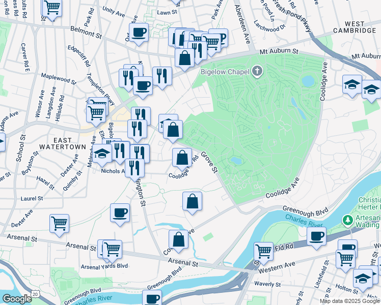 map of restaurants, bars, coffee shops, grocery stores, and more near 133 Grove Street in Watertown
