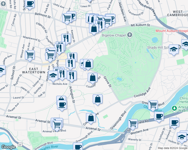 map of restaurants, bars, coffee shops, grocery stores, and more near 133 Grove Street in Watertown