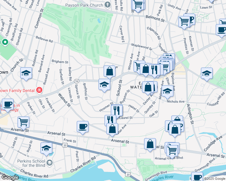 map of restaurants, bars, coffee shops, grocery stores, and more near 170 School Street in Watertown