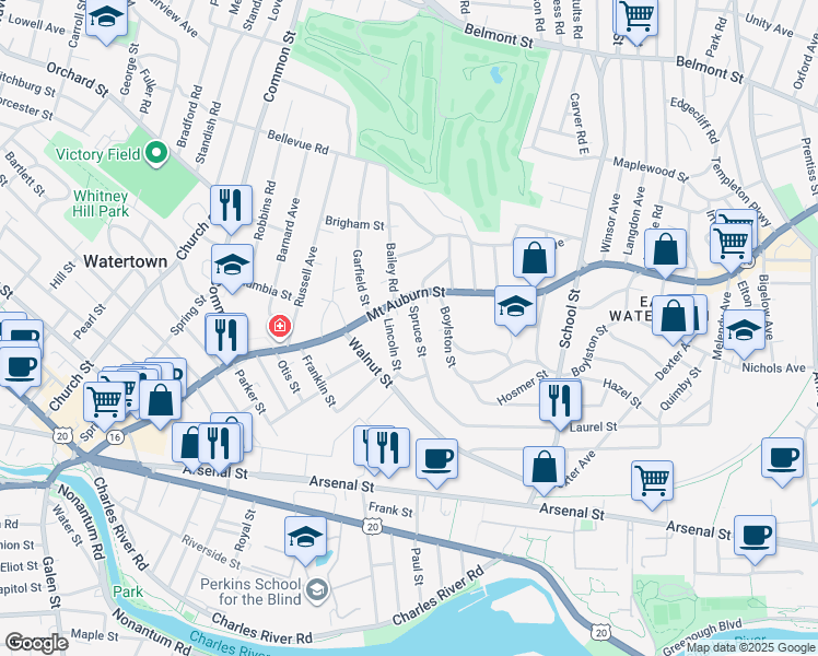 map of restaurants, bars, coffee shops, grocery stores, and more near 20 Lincoln Street in Watertown