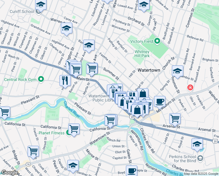map of restaurants, bars, coffee shops, grocery stores, and more near 24 Whites Avenue in Watertown