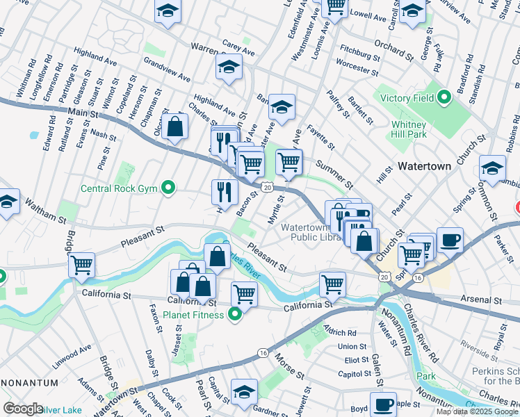 map of restaurants, bars, coffee shops, grocery stores, and more near 26 French Street in Watertown