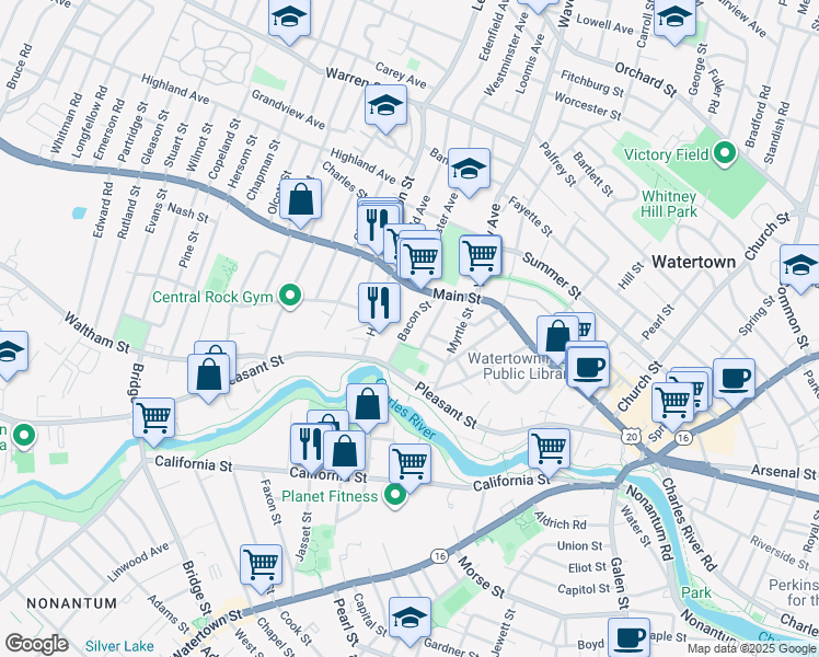 map of restaurants, bars, coffee shops, grocery stores, and more near 35 Bacon Street in Watertown