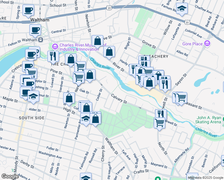 map of restaurants, bars, coffee shops, grocery stores, and more near 94 Calvary Street in Waltham
