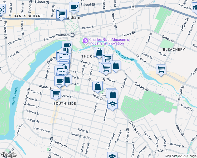 map of restaurants, bars, coffee shops, grocery stores, and more near 106 Cushing Street in Waltham