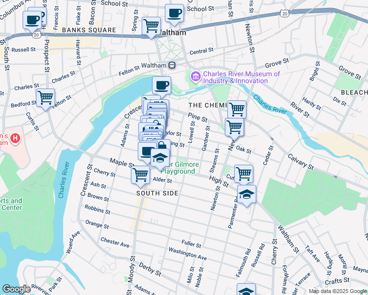 map of restaurants, bars, coffee shops, grocery stores, and more near 49 Hall Street in Waltham