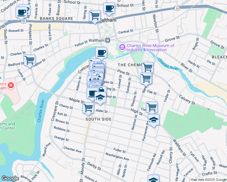 map of restaurants, bars, coffee shops, grocery stores, and more near 49 Hall Street in Waltham