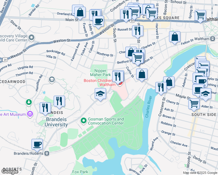 map of restaurants, bars, coffee shops, grocery stores, and more near 17 Shakespeare Road in Waltham