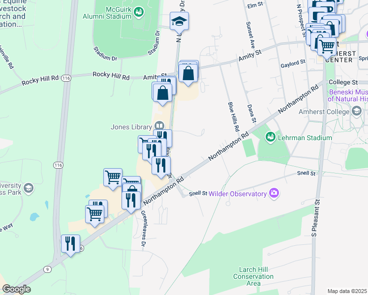 map of restaurants, bars, coffee shops, grocery stores, and more near Swift Way in Amherst