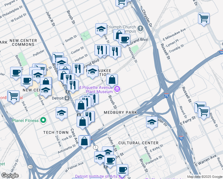 map of restaurants, bars, coffee shops, grocery stores, and more near 461 Piquette Avenue in Detroit